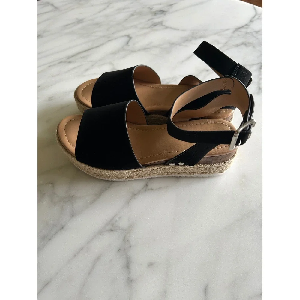 Soda Womens Black Espadrille Platform Sandals Ankle Strap Wedge Open Toe 7.5